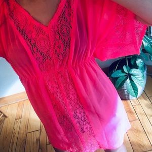 Crochet Panel Cover Up Dress (Hot Pink)
